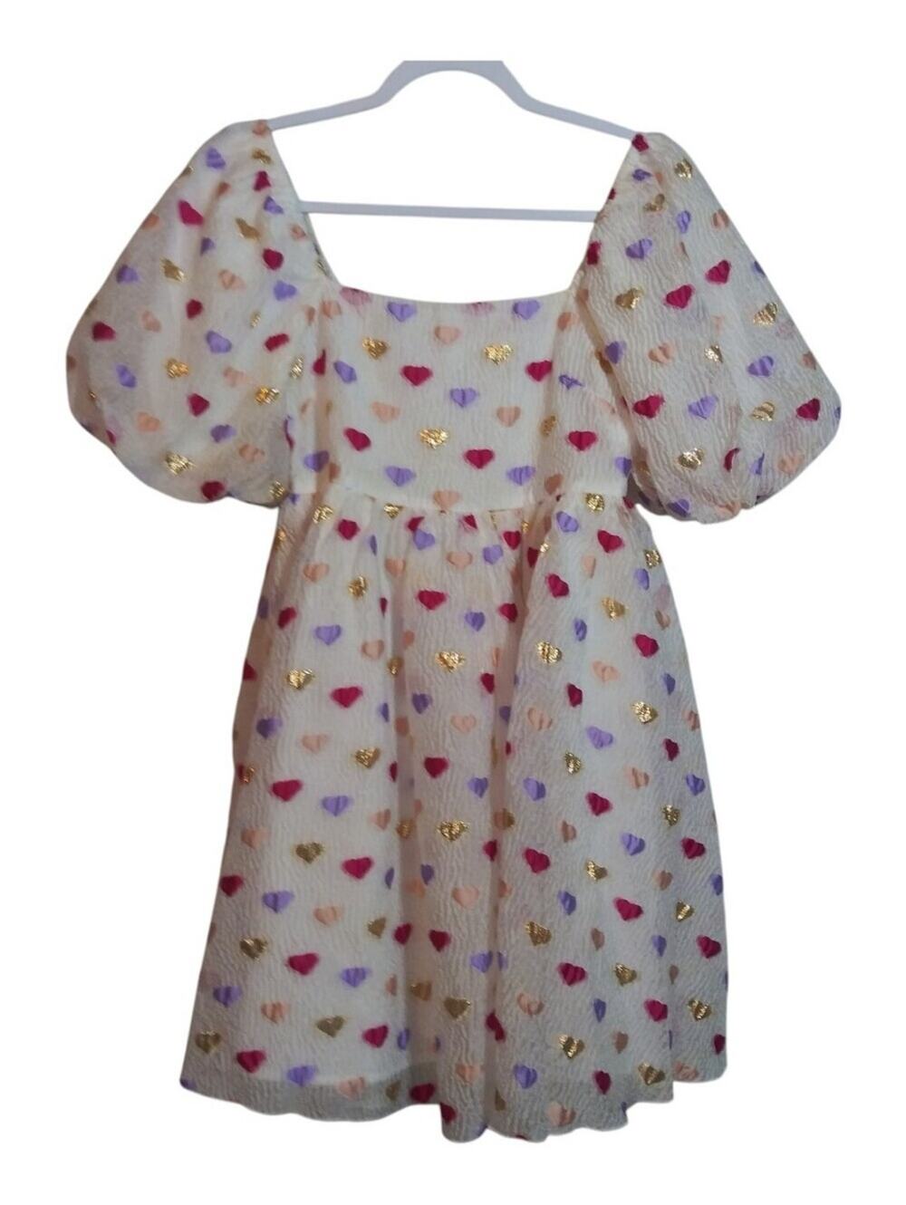 MainStrip Confetti Heart Puff Sleeve Mini Dress Colorful Size S